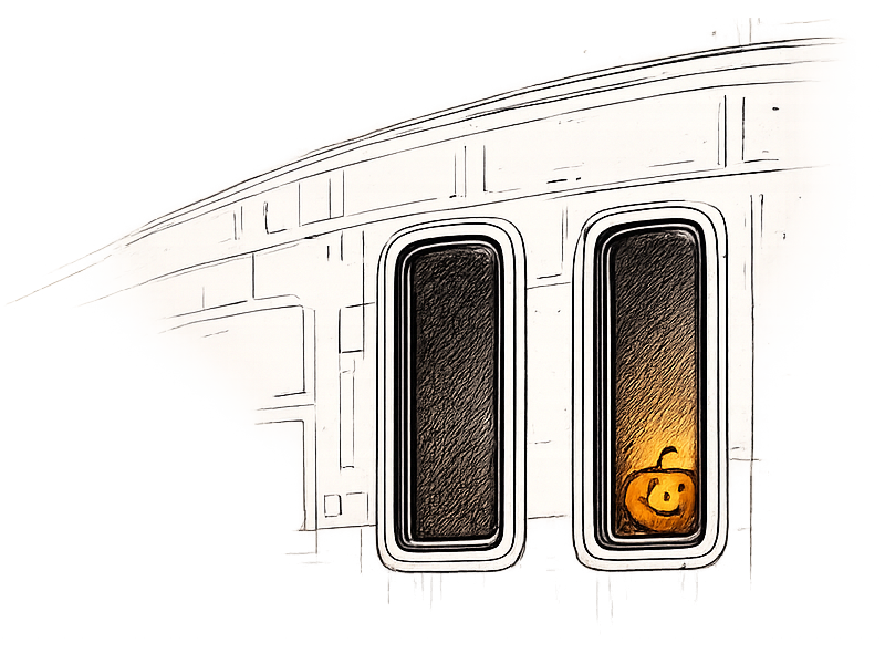 A small jack-o'-lantern glowing in the window of Captain McClendon's ready room aboard the unfinished USS Kepler.