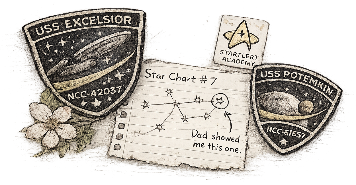 Sophia Grant's keepsakes: USS Excelsior and USS Potemkin patches, a child's star chart, an Academy sticker, and a pressed Arboretum flower.