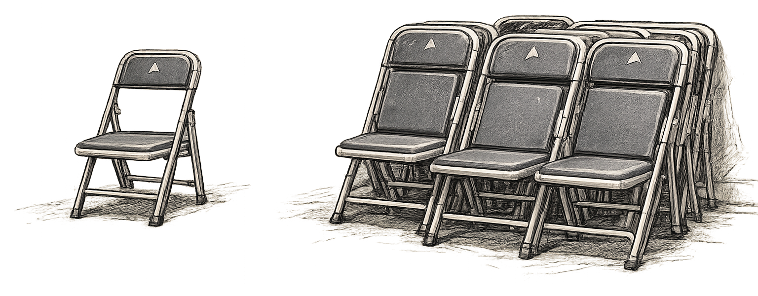 A notebook sketch of folding chairs arranged after a community gathering.